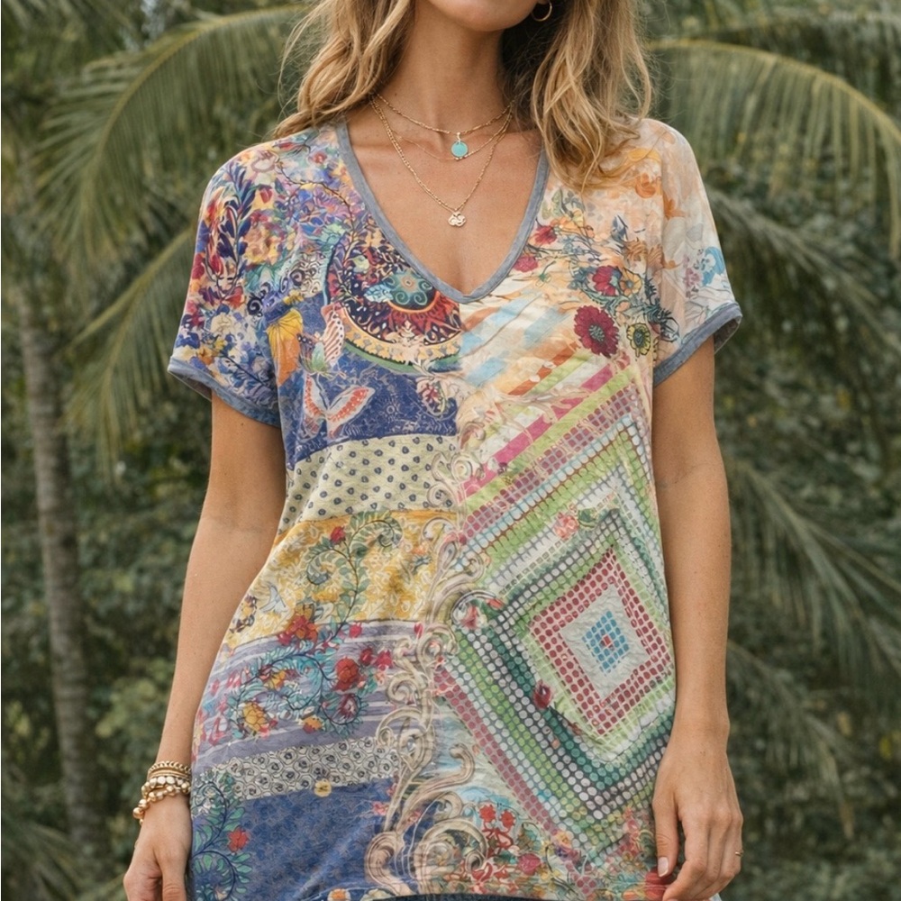 Johnny Was Multicolor Patchwork V-Neck Tee - image 1